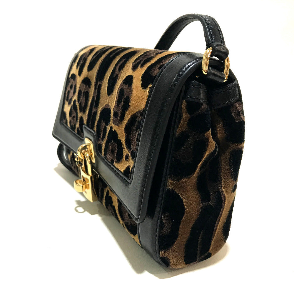 Dolce&Gabbana Shoulder Bag Velvet / Leather Black X Brown Leopard Print Leopard Flower Rock Metal