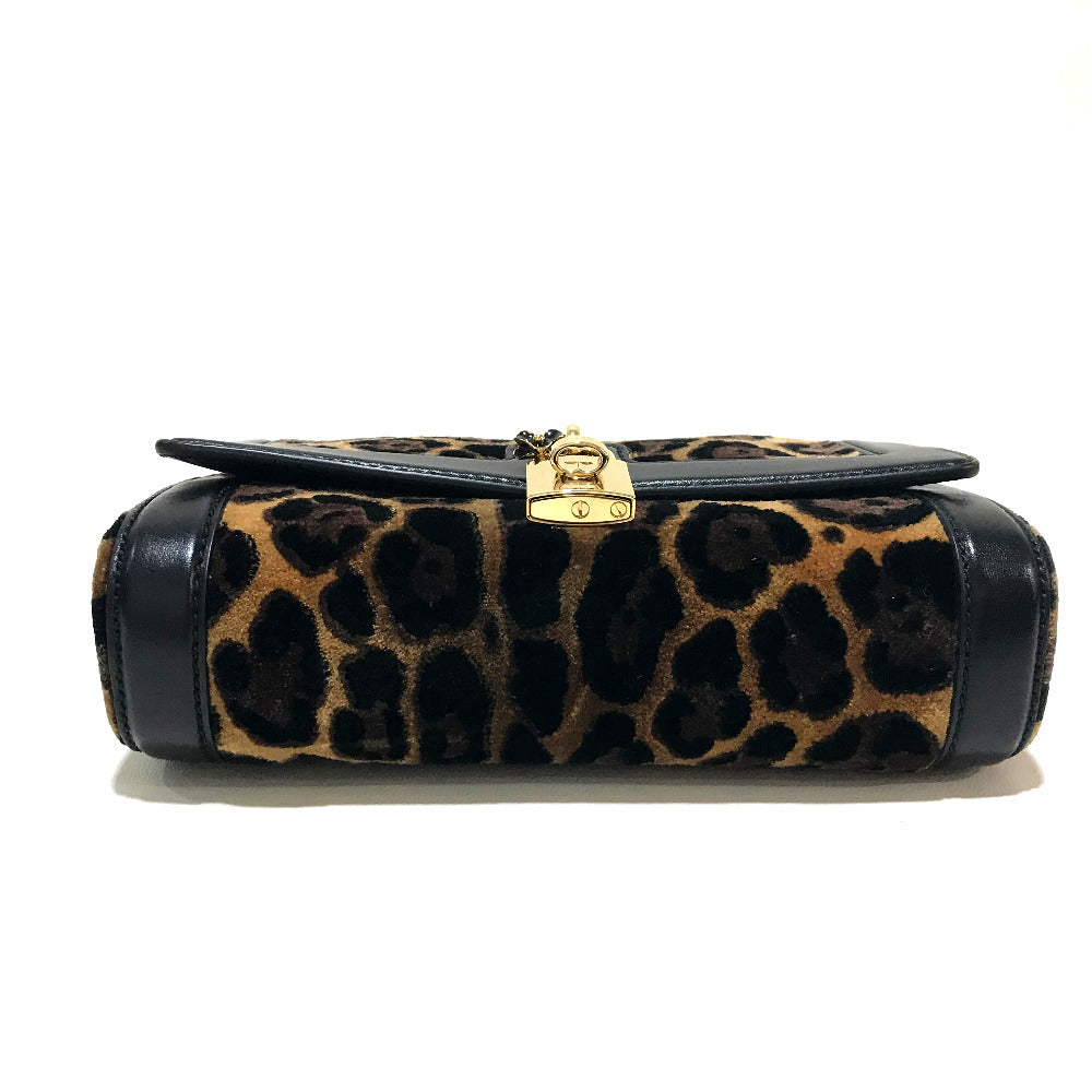 Dolce&Gabbana Shoulder Bag Velvet / Leather Black X Brown Leopard Print Leopard Flower Rock Metal