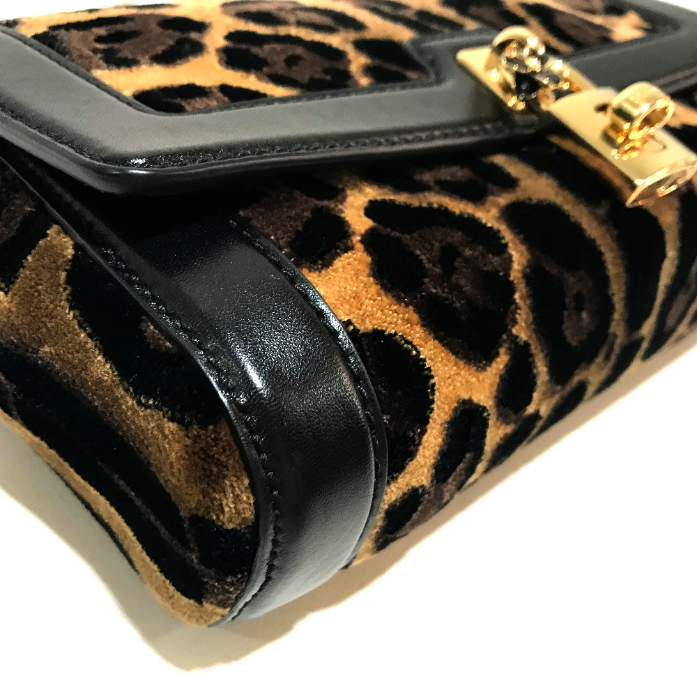 Dolce&Gabbana Shoulder Bag Velvet / Leather Black X Brown Leopard Print Leopard Flower Rock Metal