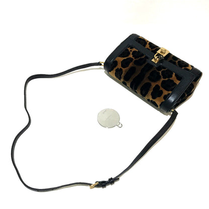 Dolce&Gabbana Shoulder Bag Velvet / Leather Black X Brown Leopard Print Leopard Flower Rock Metal