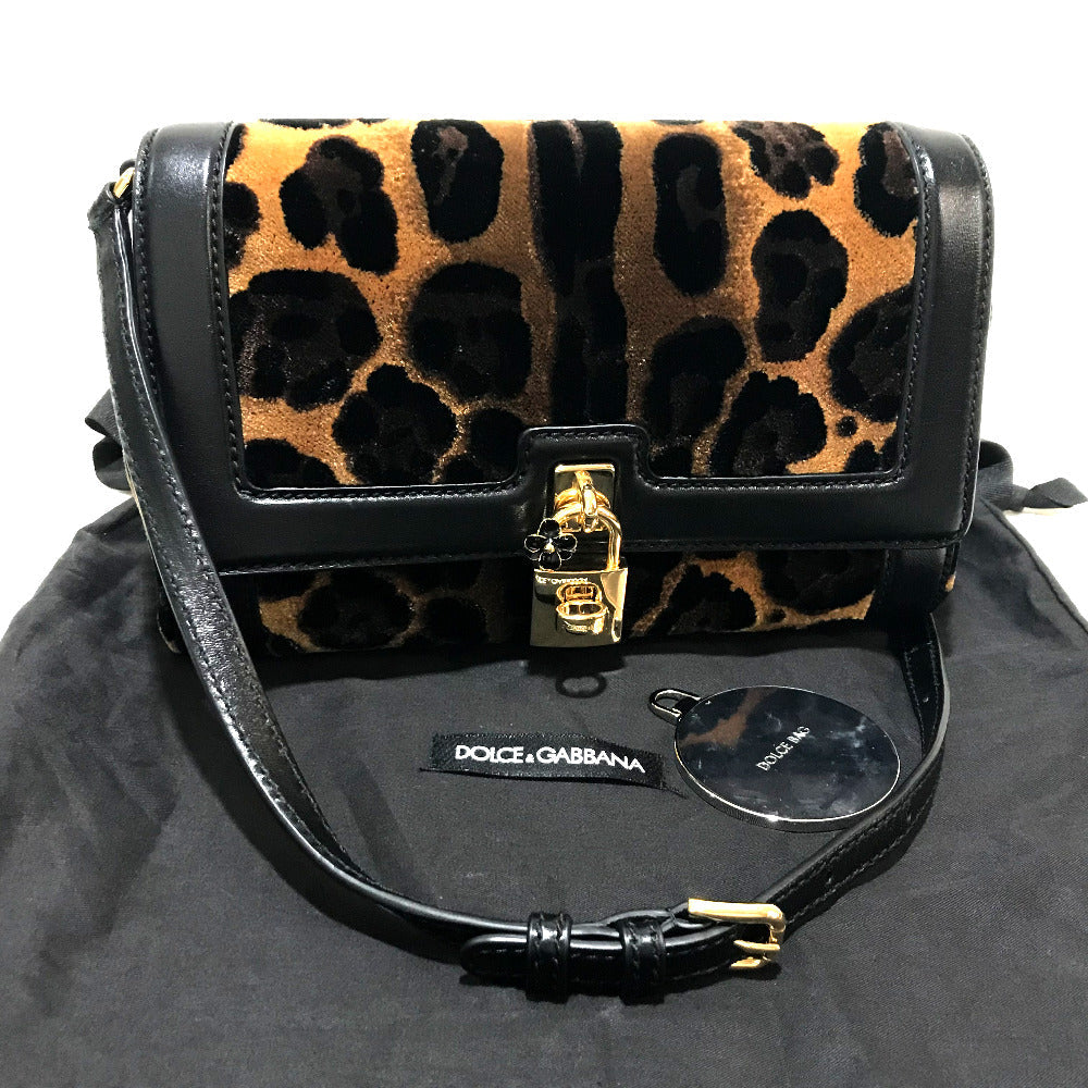 Dolce&Gabbana Shoulder Bag Velvet / Leather Black X Brown Leopard Print Leopard Flower Rock Metal