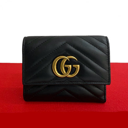 Gucci Tri-Fold Wallet Leather Black Gg Marmont Women