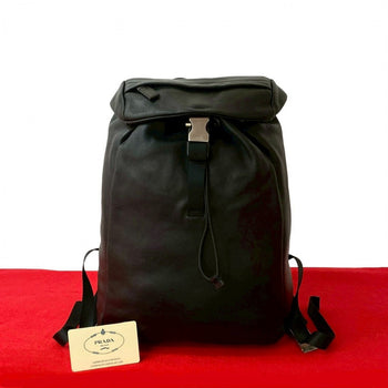 Prada Backpack Leather Black Prada Logo Metal Mens(Unisex)