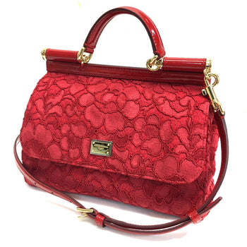 Dolce&Gabbana Shoulder Bag Cotton / Patent Leather Red Sicily With Logo Flower Pattern Embroidery