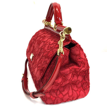 Dolce&Gabbana Shoulder Bag Cotton / Patent Leather Red Sicily With Logo Flower Pattern Embroidery