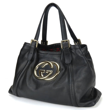 Gucci Tote Bag 162094 Leather Black Newbrit Double G Women