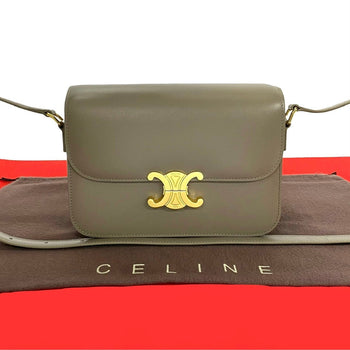 Celine Shoulder Bag Leather Gray Triomphe Logo Metal Classic Triomphe Women