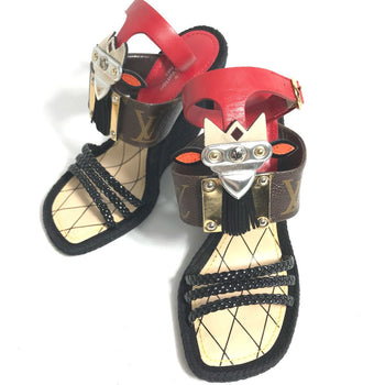 Louis Vuitton Sandals Leather Red Tribal Mask Collection Wedge Sole Monogram Women 35