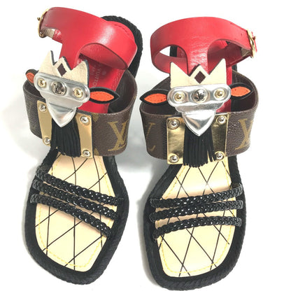 Louis Vuitton Sandals Leather Red Tribal Mask Collection Wedge Sole Monogram Women 35