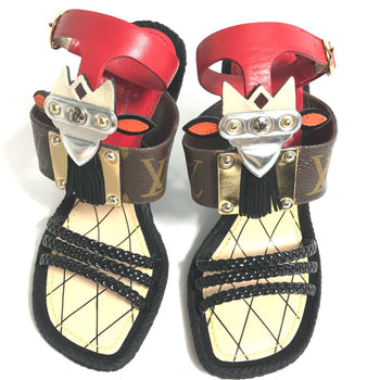 Louis Vuitton Sandals Leather Red Tribal Mask Collection Wedge Sole Monogram Women 35