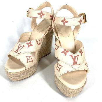 Louis Vuitton Sandals Leather Beige Type Monogram Wedge Sole Women 34.5
