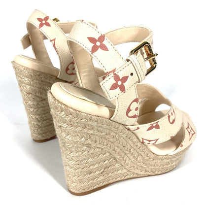 Louis Vuitton Sandals Leather Beige Type Monogram Wedge Sole 34 1/2