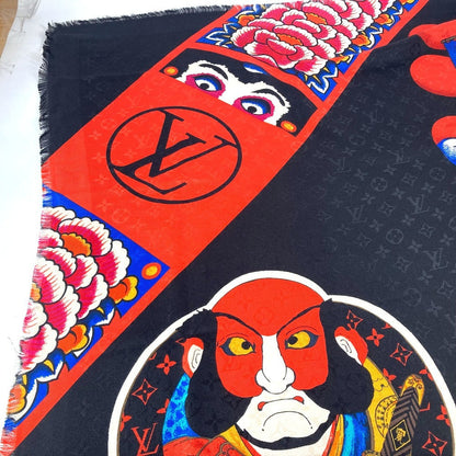 Louis Vuitton Shawl Mp1944 Silk, Wool Black Kabuki Yamamoto Hirosai Shawl Monogram Kabuki Sticker