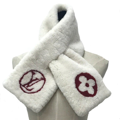 Louis Vuitton Scarf M70434 Cashmere, Mouton White X Red Monogram Flower Escharp Shirring Darling