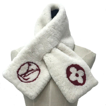Louis Vuitton Scarf M70434 Cashmere, Mouton White X Red Monogram Flower Escharp Shirring Darling