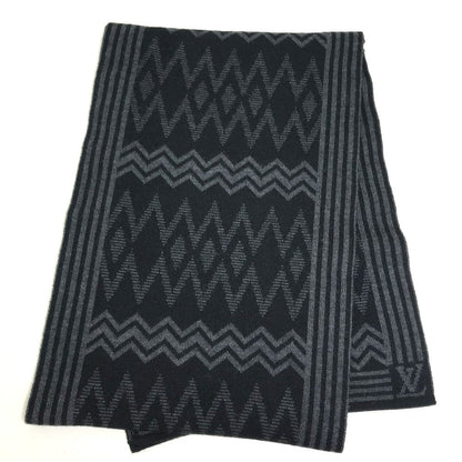 Louis Vuitton Scarf 401910 Wool Black Grey Chevron Stripes Mens