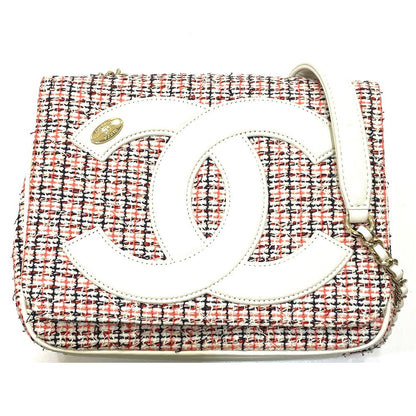 Chanel Shoulder Bag Leather, Tweed White X Red Cc Coco Mark Flap Pochette Women