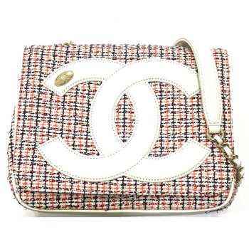 Chanel Shoulder Bag Leather, Tweed White X Red Cc Coco Mark Flap Pochette Women
