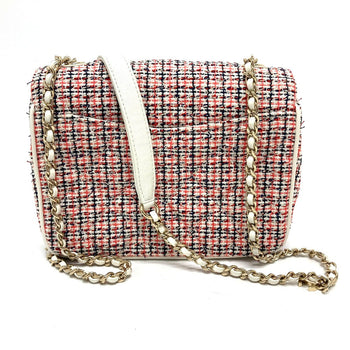 Chanel Shoulder Bag Leather, Tweed White X Red Cc Coco Mark Flap Pochette Women