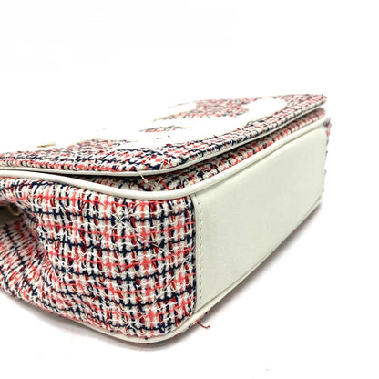 Chanel Shoulder Bag Leather, Tweed White X Red Cc Coco Mark Flap Pochette Women