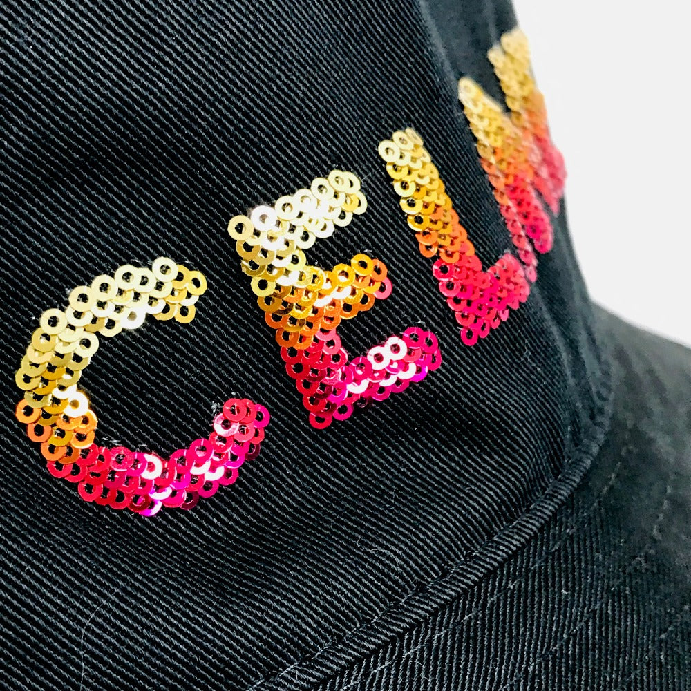 Celine Hat 2Auo1968P Cotton/Sequins Black Embroidered Gradient Sequin Bucket Women M