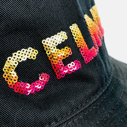 Celine Hat 2Auo1968P Cotton/Sequins Black Embroidered Gradient Sequin Bucket Women M