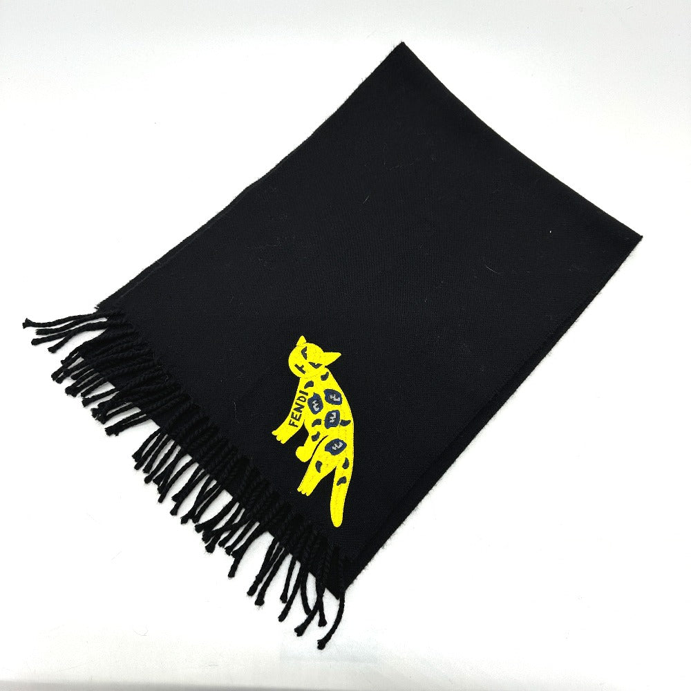 Fendi Scarf Wool Black Fringe Leopard Motif Women