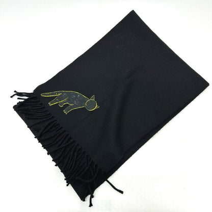 Fendi Scarf Wool Black Fringe Leopard Motif Women