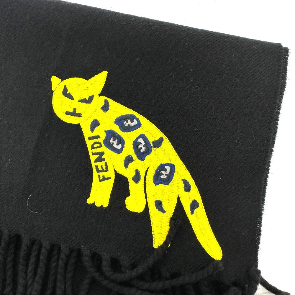 Fendi Scarf Wool Black Fringe Leopard Motif Women