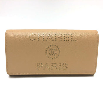 Chanel Long Wallet Purse Caviar Skin Beige Long Wallet Studs Logo Women Secondhand