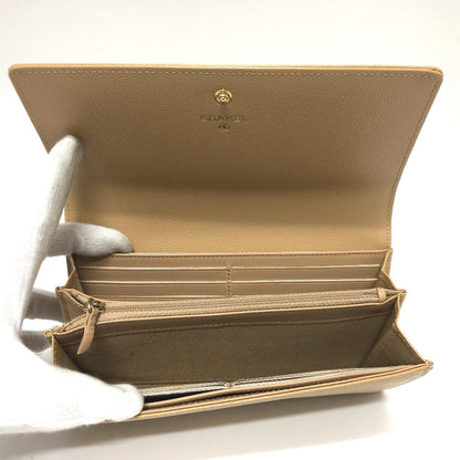 Chanel Long Wallet Purse Caviar Skin Beige Long Wallet Studs Logo Women Secondhand