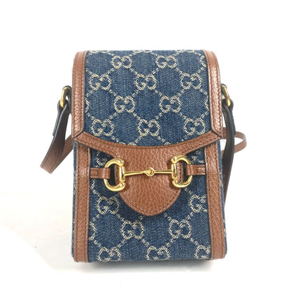Gucci Shoulder Bag 625615 Denim, Leather Blue X Brown Gg Denim Horsebit 1955 Mini Bag Women