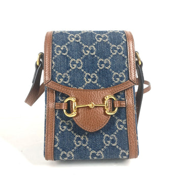 Gucci Shoulder Bag 625615 Denim, Leather Blue X Brown Gg Denim Horsebit 1955 Mini Bag Women
