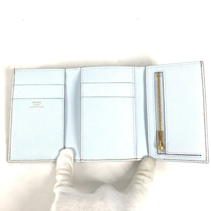 Hermes Trifold Wallet Epsom Brown X Light Blue H Logo Bicolor Bean Combine Women
