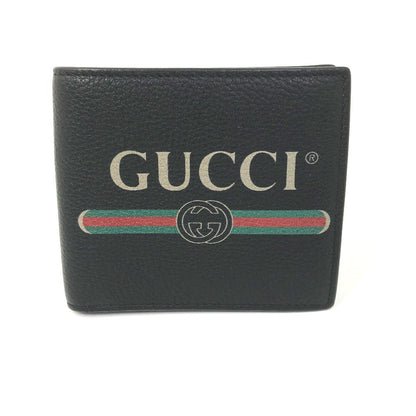Gucci Folded Wallet 496316 Leather Black Vintage Logo Print Mens