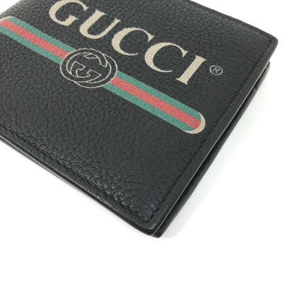 Gucci Folded Wallet 496316 Leather Black Vintage Logo Print Mens