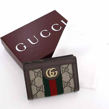 Gucci Bifold Wallet 813296 Gg Supreme Canvas, Leather Beige Ophidia Small Wallet Women
