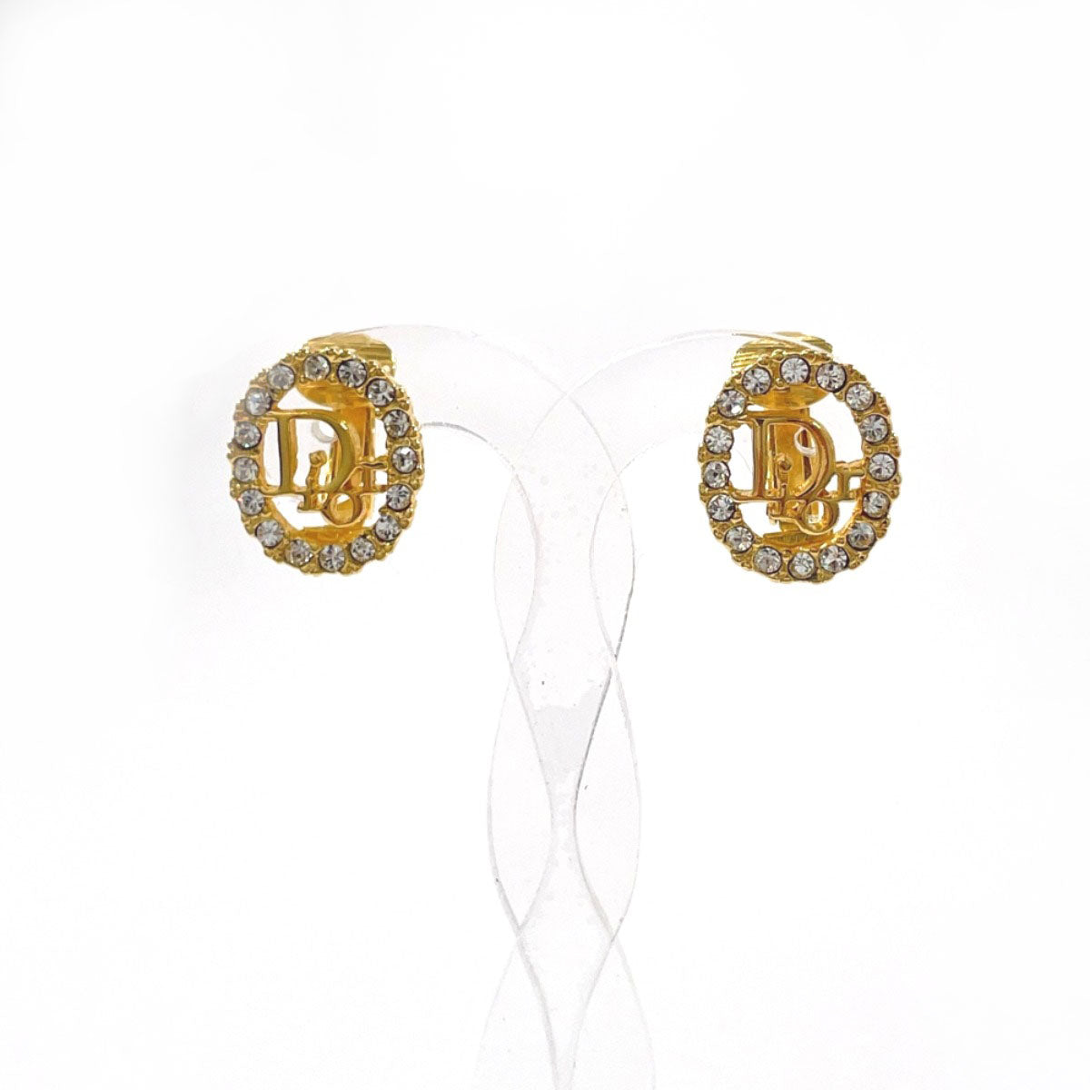 Christian Dior Earring Gold Plated, Rhinestone Gold Logo