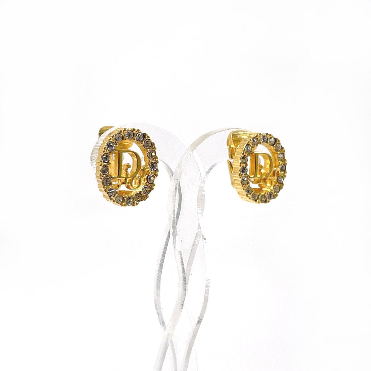 Christian Dior Earring Gold Plated, Rhinestone Gold Logo
