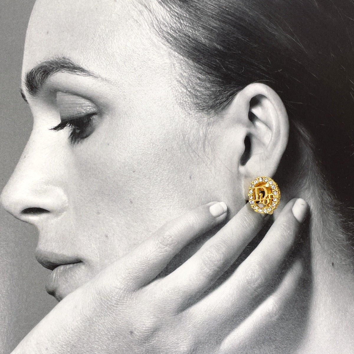 Christian Dior Earring Gold Plated, Rhinestone Gold Logo
