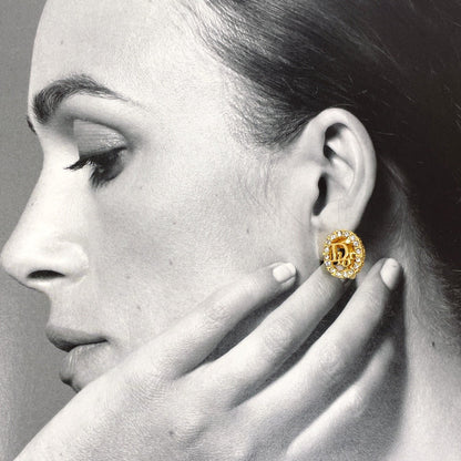 Christian Dior Earring Gold Plated, Rhinestone Gold Logo