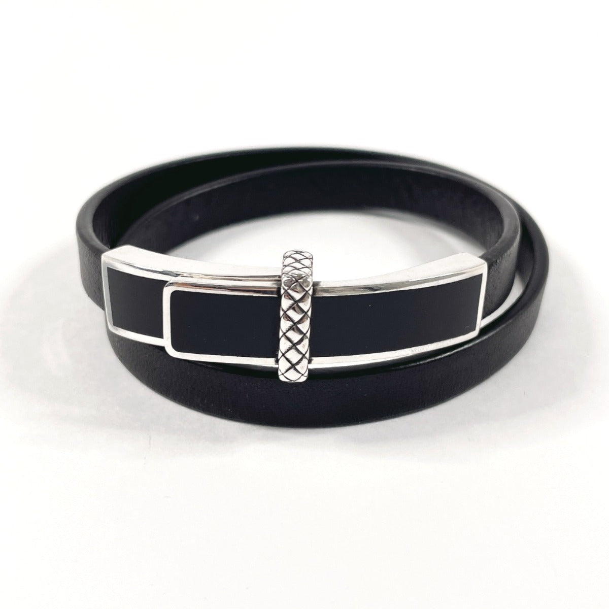 Bottegaveneta Bracelet Leather, Silver925 Black Double Loop Intrecciato