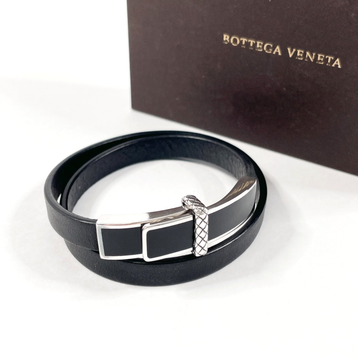 Bottegaveneta Bracelet Leather, Silver925 Black Double Loop Intrecciato