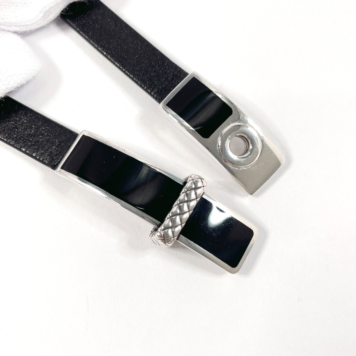Bottegaveneta Bracelet Leather, Silver925 Black Double Loop Intrecciato