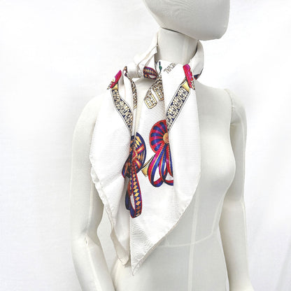 Hermes Scarf Silk, 100% Silk White Les Rubans Du Cheval Horse Ribbon Decoration Carre 90