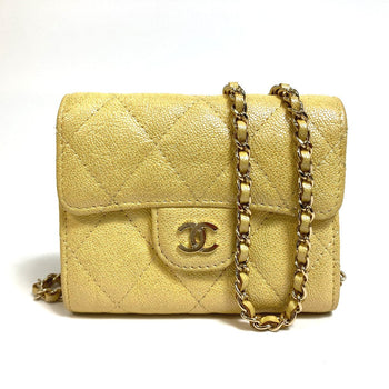 Chanel Coin Case Ap0238 Caviar Skin Metallic Yellow Cccoco Mark Matrasse Women Secondhand