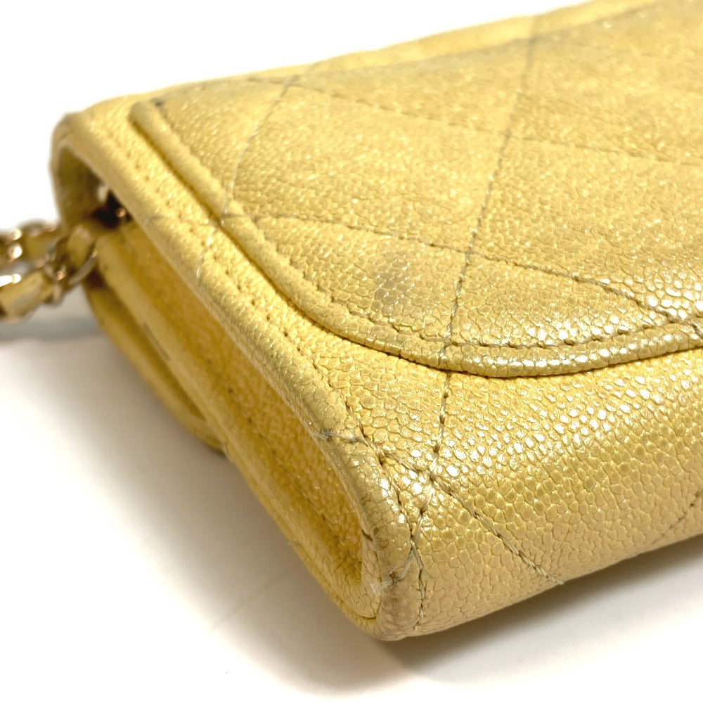 Chanel Coin Case Ap0238 Caviar Skin Metallic Yellow Cccoco Mark Matrasse Women Secondhand