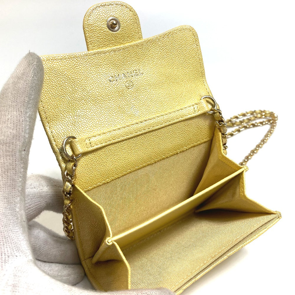 Chanel Coin Case Ap0238 Caviar Skin Metallic Yellow Cccoco Mark Matrasse Women Secondhand