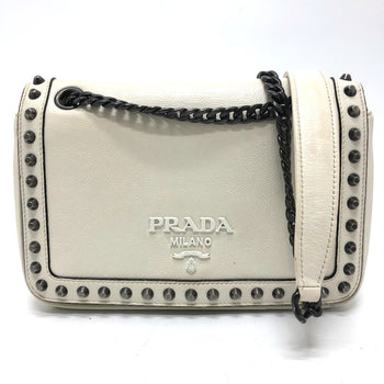 Prada Shoulder Bag 1Bd147 Leather White Logo Studs Chainshoulder Women