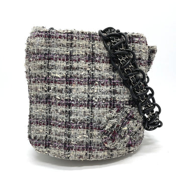 Chanel Shoulder Bag Tweed Gray Camelia Flap Women